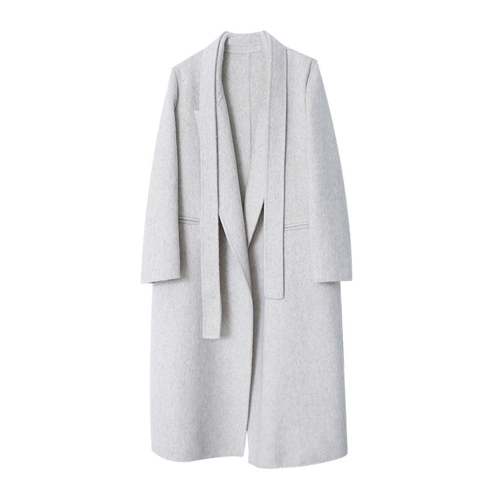 Damen eleganter Wickelmantel aus hochwertigem Wollmix mit Taillengürtel Drune