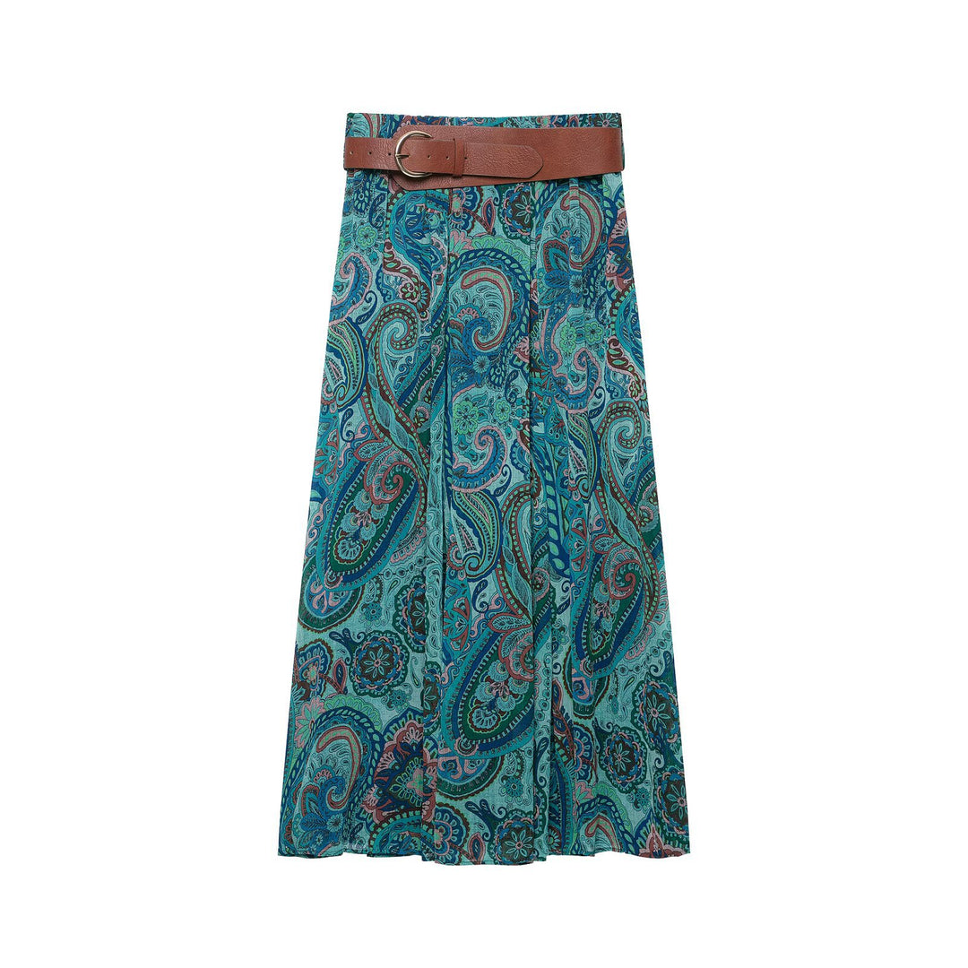 Damen Maxirock mit Paisley-Print, leichtem Fall, Plissee-Details und Taillengürtel Drune