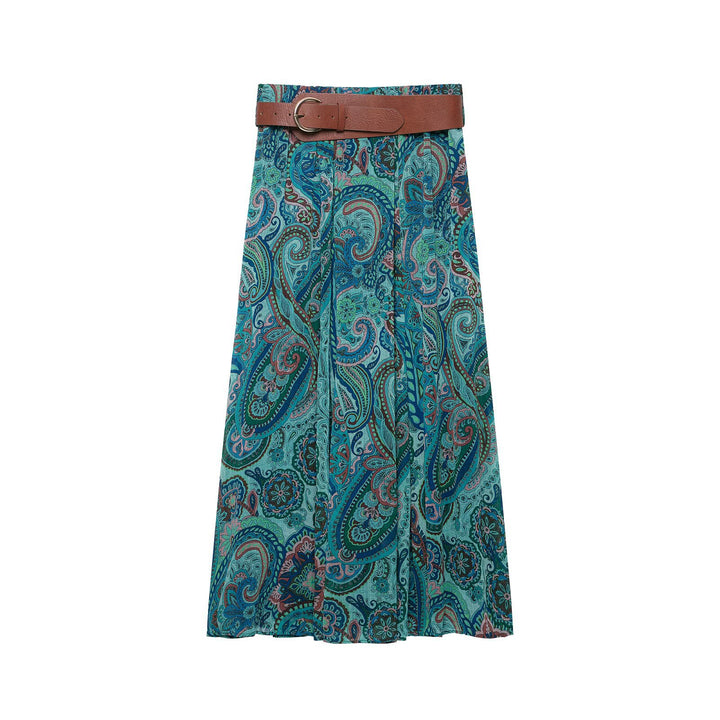 Damen Maxirock mit Paisley-Print, leichtem Fall, Plissee-Details und Taillengürtel Drune