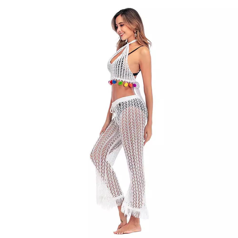 Damen Häkelstrickhose mit fransigen Säumen und hohem Bund Drune