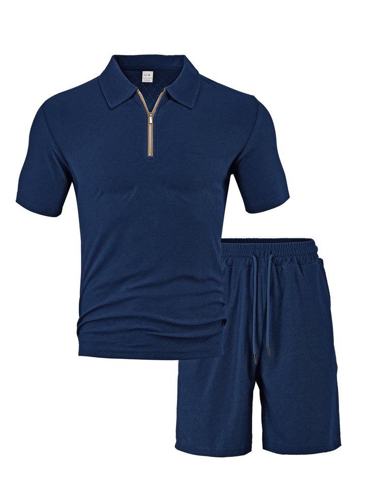 Herren nan komfortables Kurzarm-Halbzip-Set mit Polokragen und elastischer Kordelhose aus Strukturstrick Drune