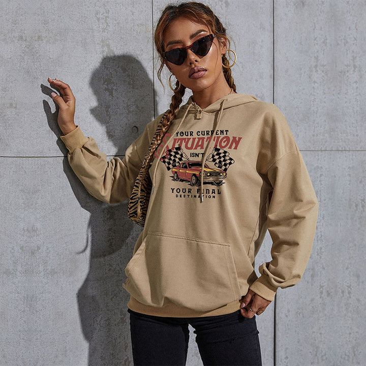 Damen Oversize-Kapuzenpullover mit Vintage-Racer-Print, Kängurutasche und geripptem Saum Drune