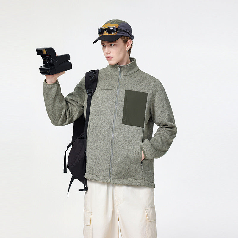 Herren Struktur-Fleece-Zipjacke mit hohem Stehkragen und Nylon-Brusttasche Drune