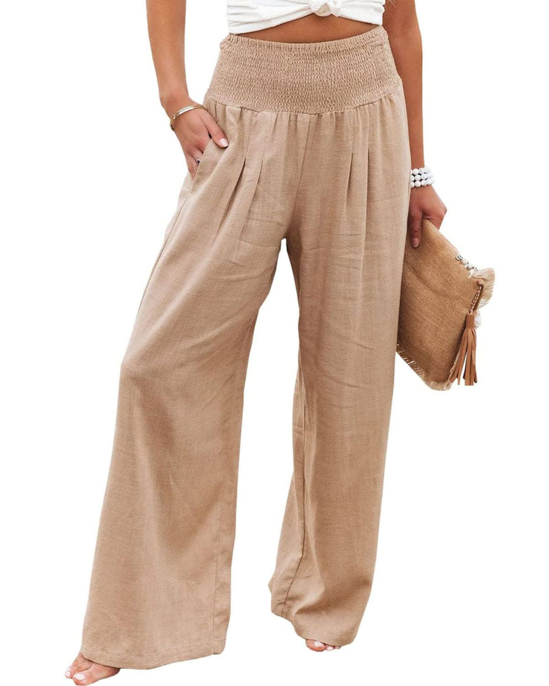 Damen Weite Leinenhose mit elastischem Bund und Falten Drune