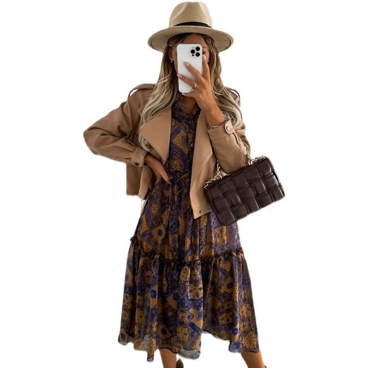 Damen Maxi-Kleid mit fließendem Rüschensaum und elegantem Druck Drune
