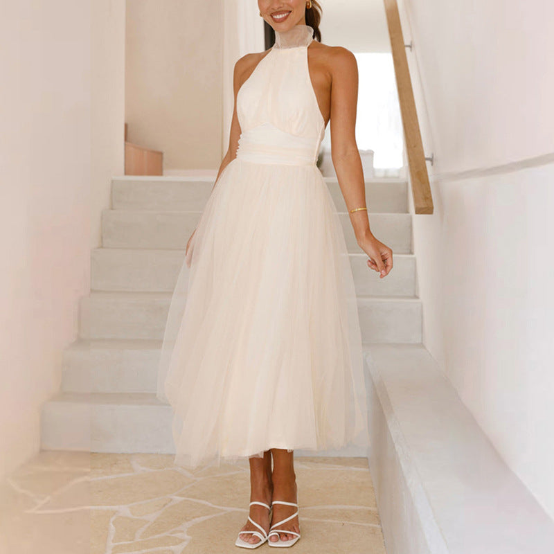 Damen elegantes Hochzeitskleid mit fließendem Tüllrock und neckholder Design Drune