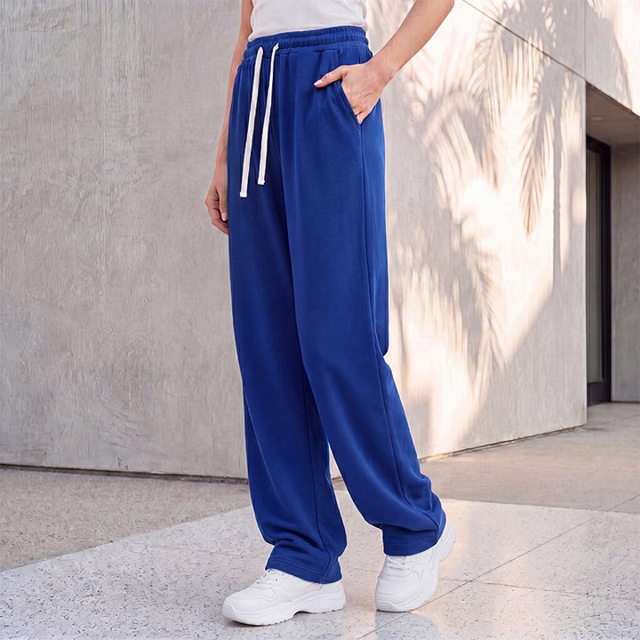 Damen nan weite Loungepalazzo-Hose mit hohem Komfortbund, Kordelzug, seitlichen Eingrifftaschen und dekorativer Seitennaht Drune