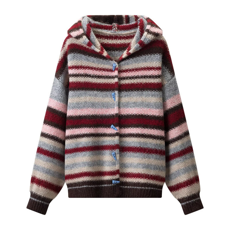 Damen Gestreifter Kapuzen-Cardigan aus flauschigem Mohair-Mix mit Dreiecksknöpfen Drune