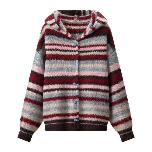Damen Gestreifter Kapuzen-Cardigan aus flauschigem Mohair-Mix mit Dreiecksknöpfen Drune