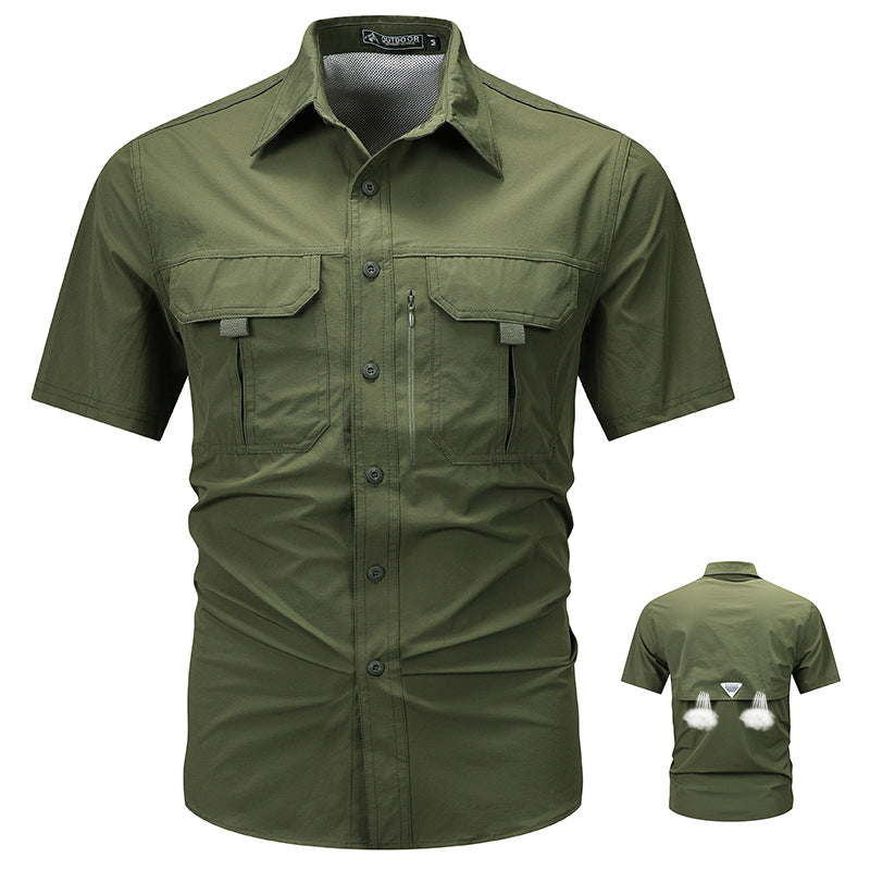 Men's  tactical short sleeve button shirt with dual flap chest pockets and discreet zip utility pocket Drune