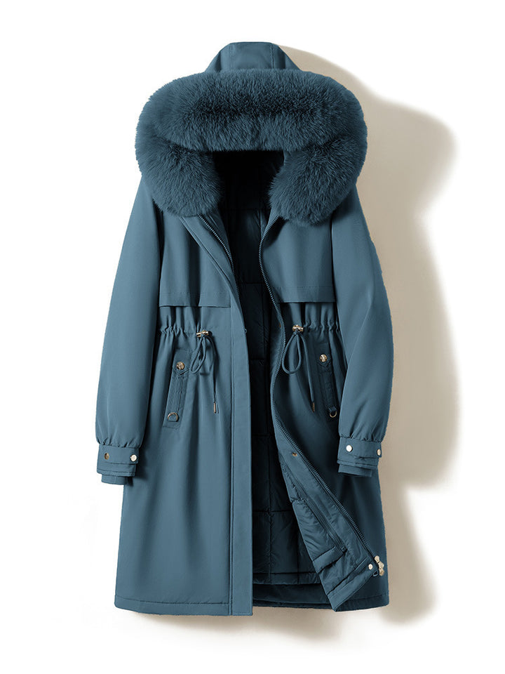 Damen nan langer wasserabweisender Parka mit voluminöser Kunstfellkapuze, taillierbarem Tunnelzug und gesteppter Thermo-Innenjacke Drune