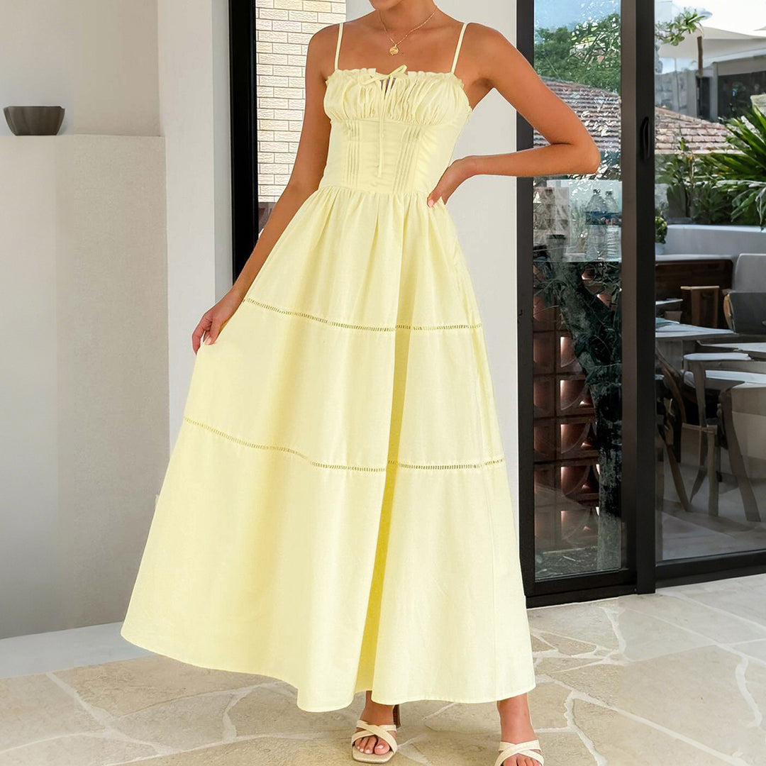 Damen Maxi-Kleid mit gerafftem Oberteil und verstellbaren Trägern Drune