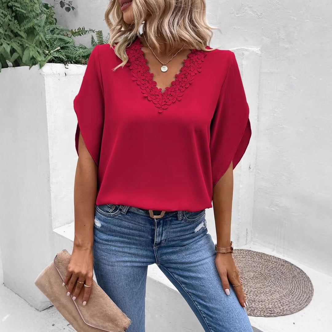 Damen elegante Bluse mit Spitzenapplikation Drune