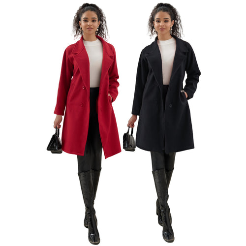 Damen Eleganter knielanger Zweireihiger Wollblend-Mantel mit Reverskragen Drune