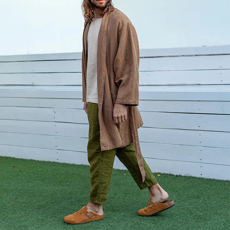 Herren Langer Leinen-Kimono-Mantel im Relaxed Fit mit Bindegürtel Drune