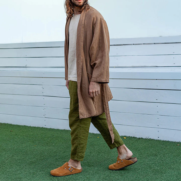 Herren Langer Leinen-Kimono-Mantel im Relaxed Fit mit Bindegürtel Drune