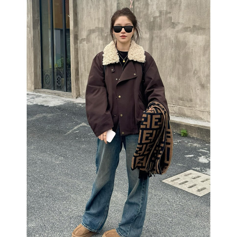 Damen Kurze Oversize-Boxy-Jacke mit Teddykragen und Druckknopfverschluss Drune