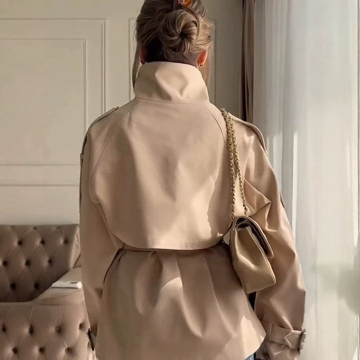 Damen Kurzer Boxy-Trenchcoat mit hohem Stehkragen, doppelreihiger Front & Taillengürtel Drune