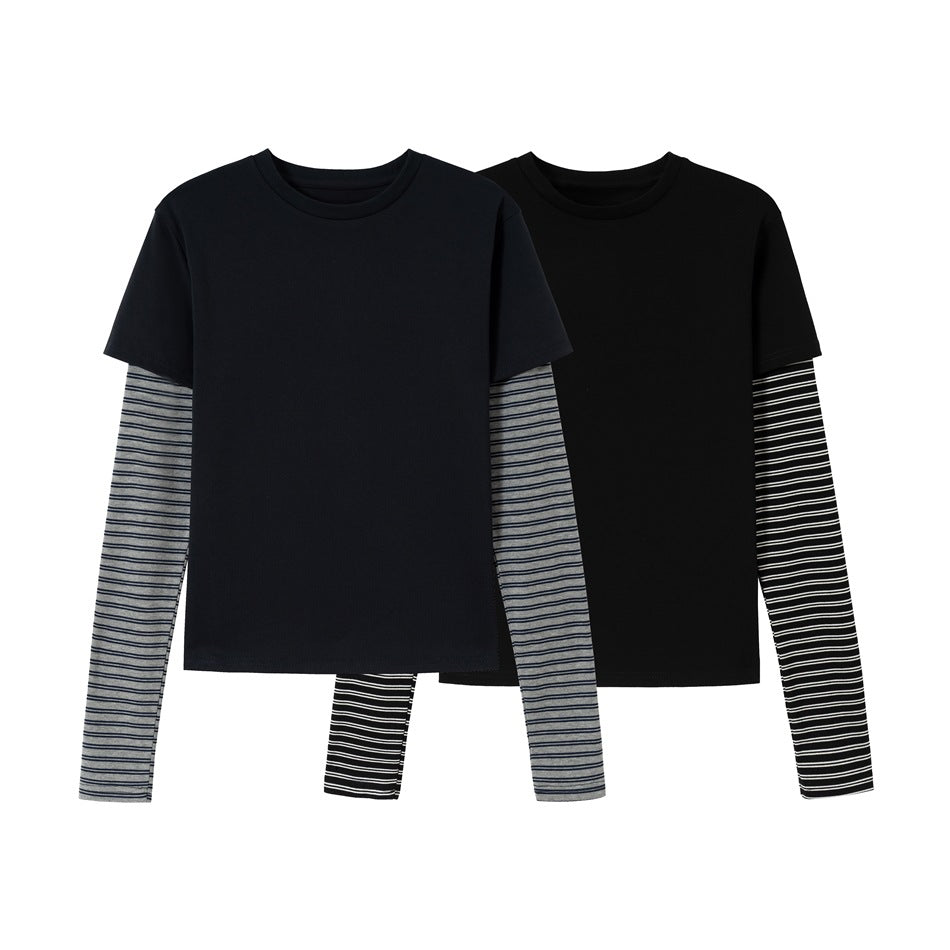 Unisex Layering-Langarmshirt mit gestreiften Einsatzärmeln und kurzärmeligem Overlay Drune