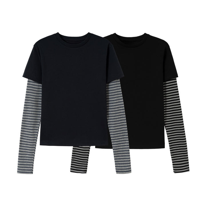 Unisex Layering-Langarmshirt mit gestreiften Einsatzärmeln und kurzärmeligem Overlay Drune