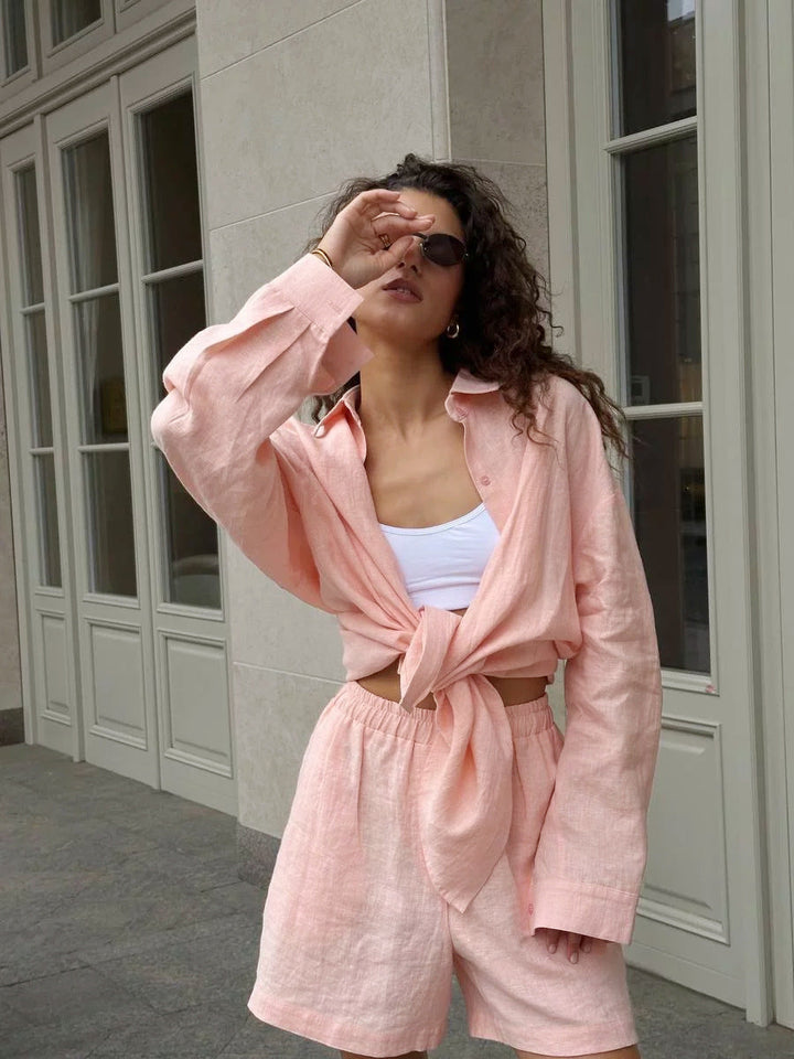 Damen lässiges Leinen Set mit lockerer Bluse und Shorts Drune