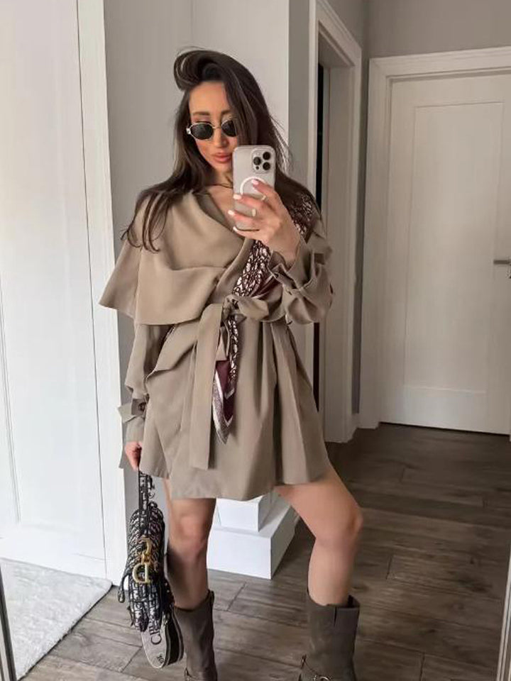 Damen Kurzer Asymmetrischer Wickelmantel mit Volant-Overlay und Bindegürtel Drune