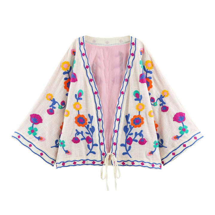 Damen Leichter bestickter Kimono-Cardigan mit floraler Applikation und Bindeband Drune