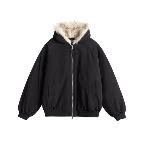 Damen Oversize-Bomberjacke mit kunstfellbesetzter Kapuze und Raglanärmeln Drune