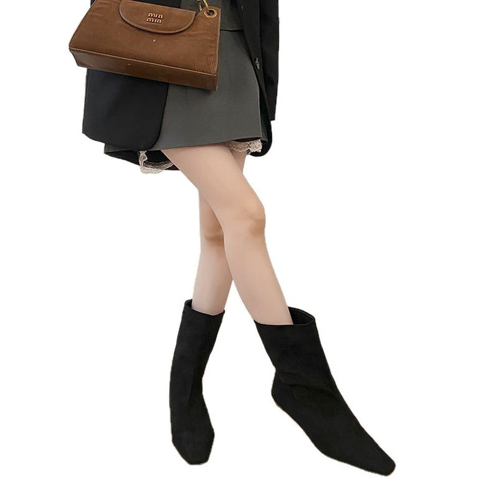 Damen Midi‑Stiefeletten mit spitzer Zehenform, Veloursleder‑Optik und schlankem Keilabsatz Drune