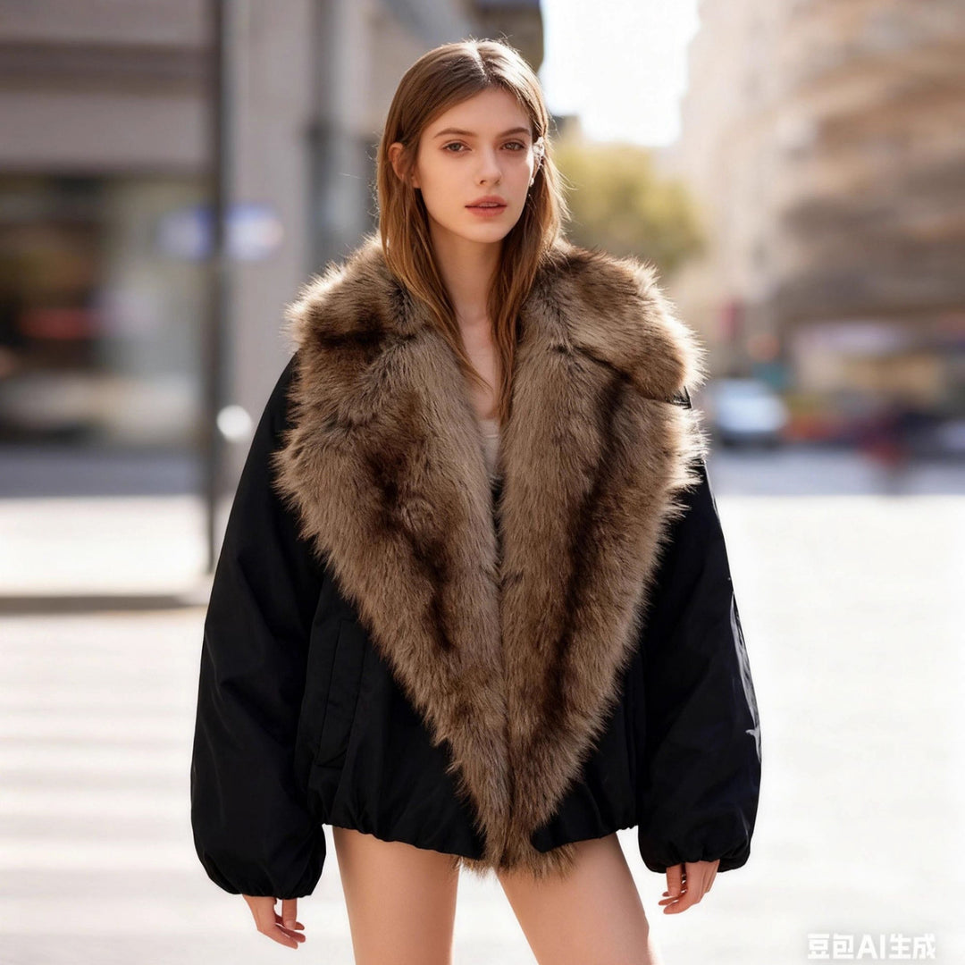 Damen Kurze gesteppte Bomberjacke mit voluminösem Faux-Fur-Schalkragen Drune