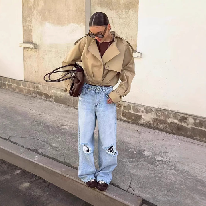 Damen Trendige Cropped Trenchjacke mit innovativen Ärmeln Drune
