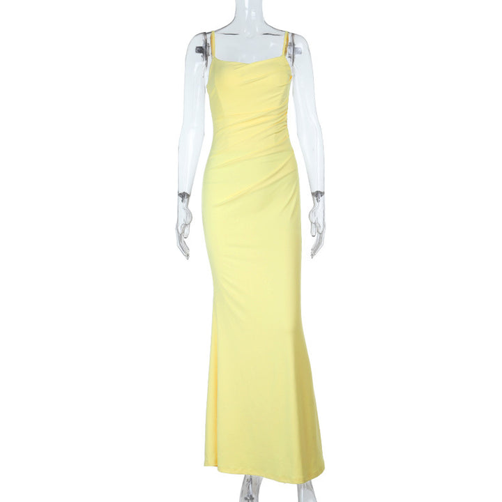 Damen figurbetontes Maxikleid mit Spaghettiträgern und raffinierten Rüschendetails Drune