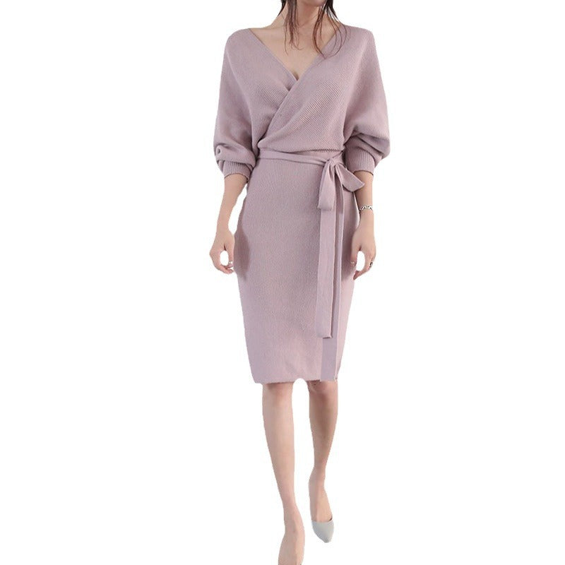 Damen Strickkleid mit Wickeloptik und knöpfbarem Gürtel Drune