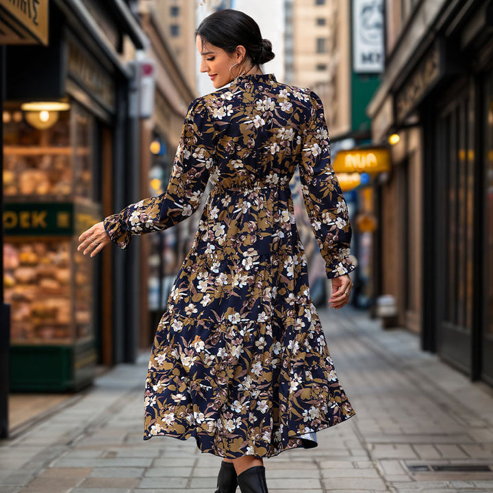 Damen Midikleid im Vintage-Floraldessin mit Stehkragen, Smok-Taillierung und Stufenrock Drune