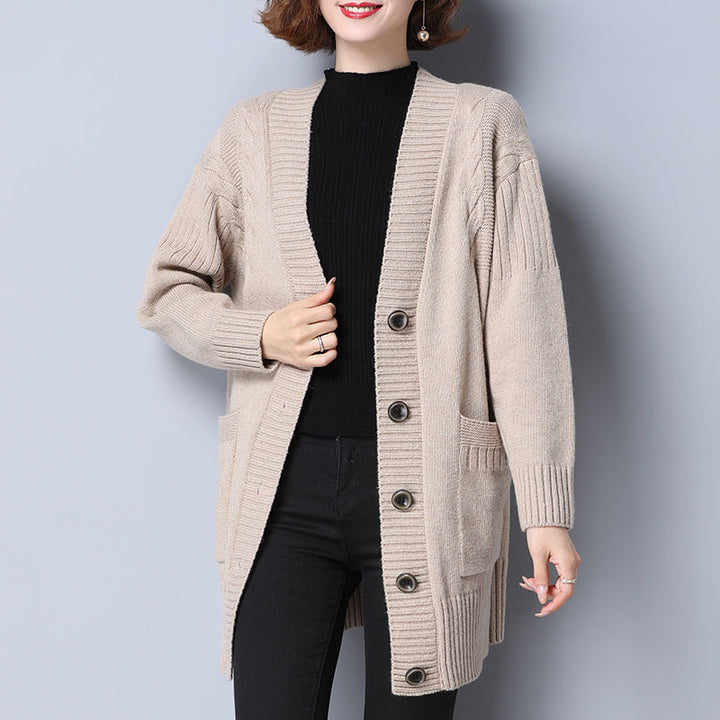 Damen gemütliche Strickjacke mit tiefem Rippenmuster und praktischen Taschen Drune