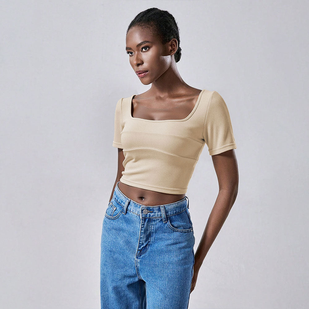 Damen cropped T-Shirt mit elegantem Quadrat-Ausschnitt und kurzen Ärmeln Drune