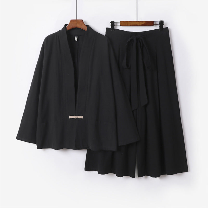 Damen Zen-inspiriertes Kimono-Set aus fließender Viskose mit kurzer Jacke und weiter Culotte-Hose Drune