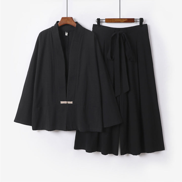 Damen Zen-inspiriertes Kimono-Set aus fließender Viskose mit kurzer Jacke und weiter Culotte-Hose Drune