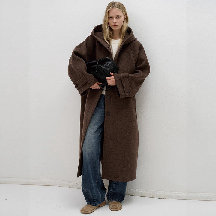 Damen oversized Wollmantel mit praktischer Kapuze Drune
