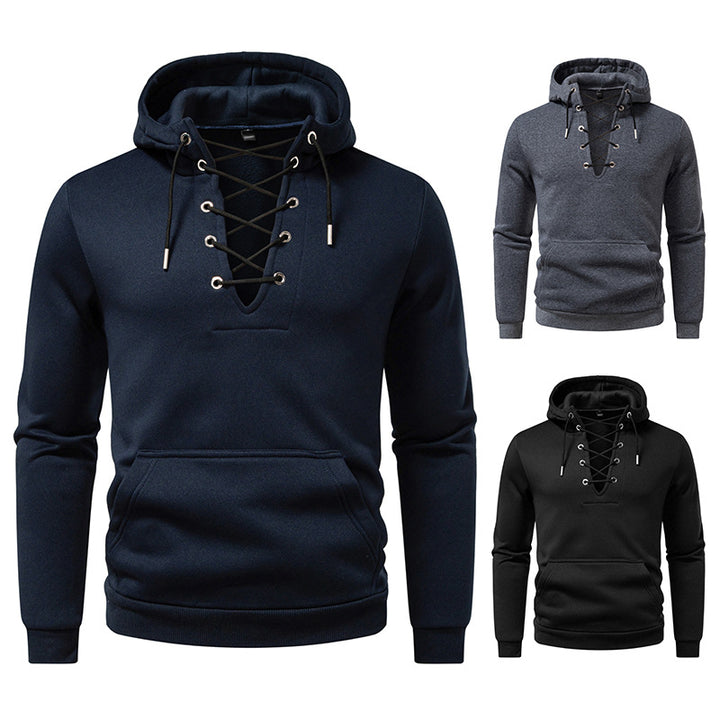 Herren Kapuzenpullover im Casual‑Look mit V‑Schnürung, Kängurutasche und gerippten Bündchen Drune