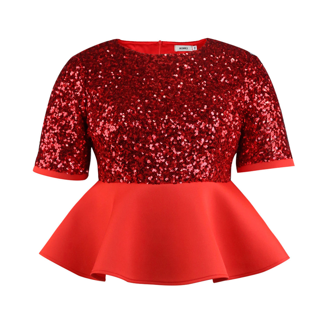 Damen elegantes Glitzeroberteil mit schwingendem Peplum Drune