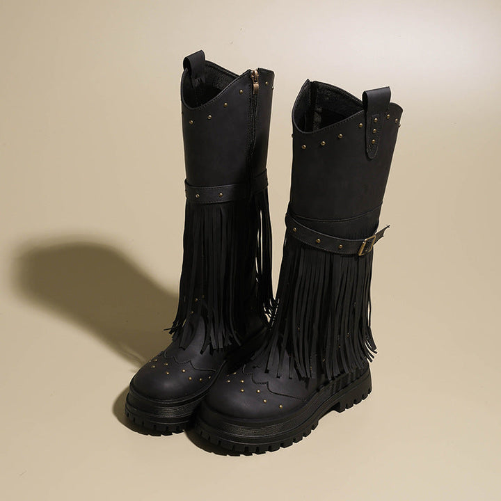 Damen Overknee-Stiefel mit modischem Fransen-Design und robustem Profil Drune