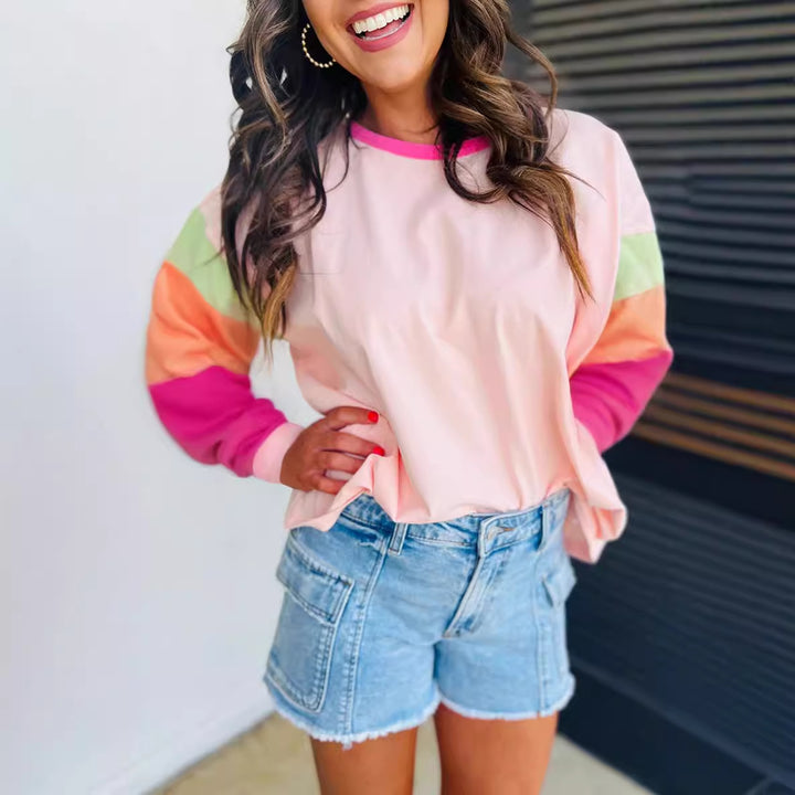 Damen lässiger Sweatshirt mit kontrastierenden Ärmeln Drune