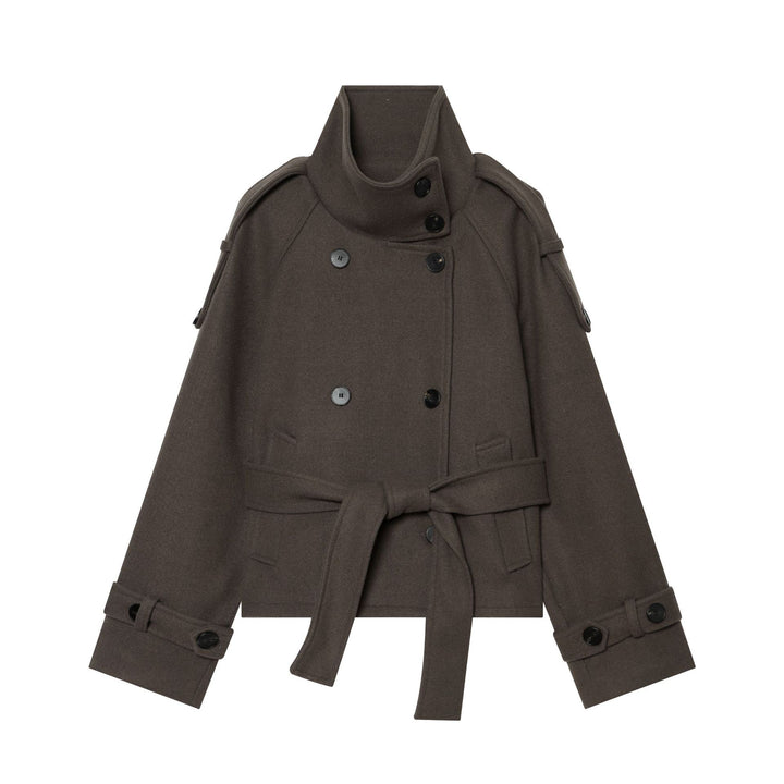 Damen Kurze doppeltreihige Wollmix‑Capejacke mit hohem Stehkragen und Taillengürtel Drune