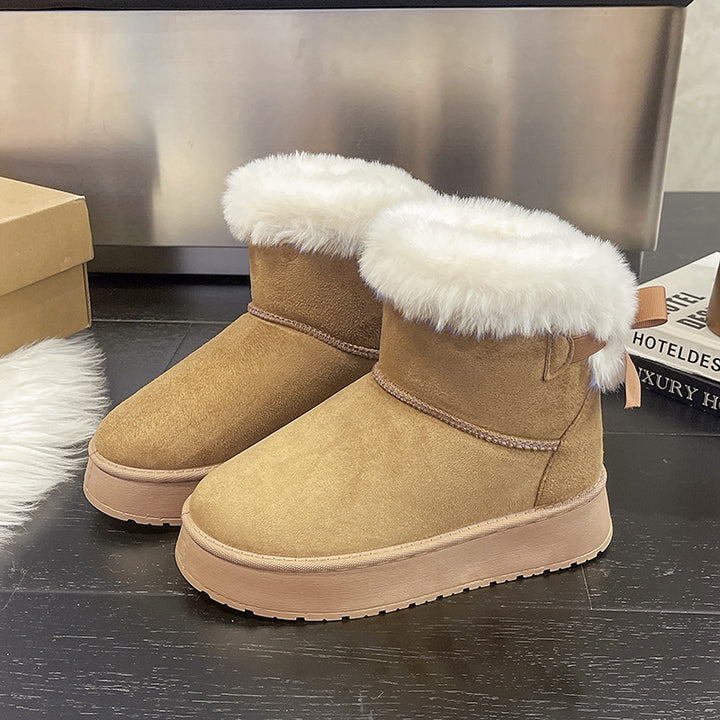 Damen Gefütterte Kurzstiefel mit Kunstfell-Bündchen, rutschfester Plateausohle und Schleifendetail Drune