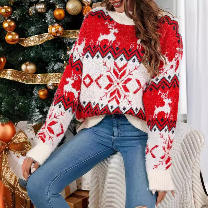 Damen Strickpullover mit festlichem Norweger-Muster und hohem Kragen Drune