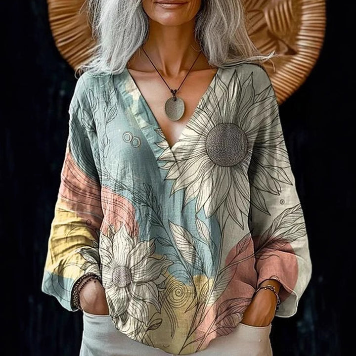Damen Boho-Leinenmischung Tunika-Bluse mit V-Ausschnitt und floraler Aquarellstickerei Drune