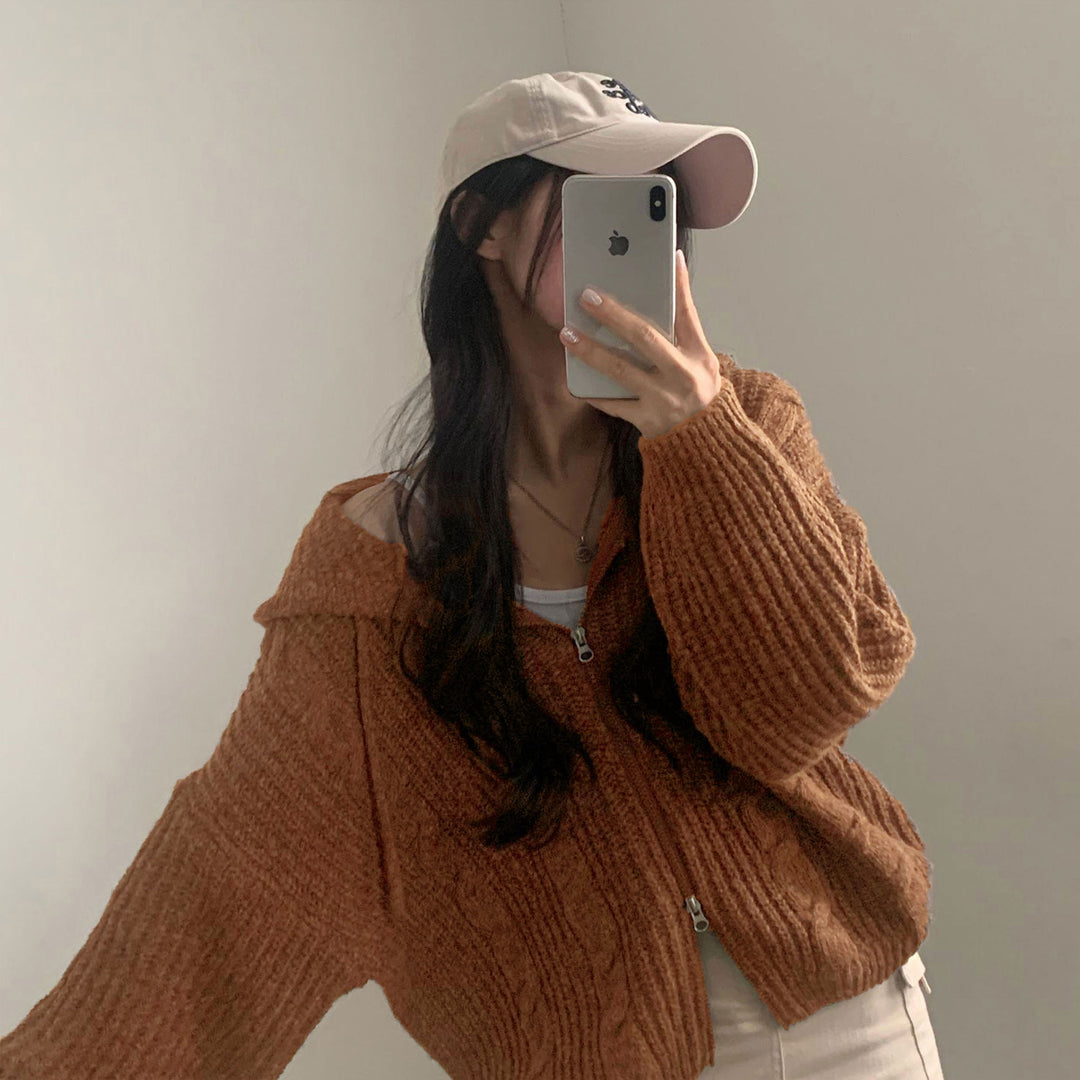 Damen Bequemer Strickjacke mit Kapuze und Reißverschluss Drune