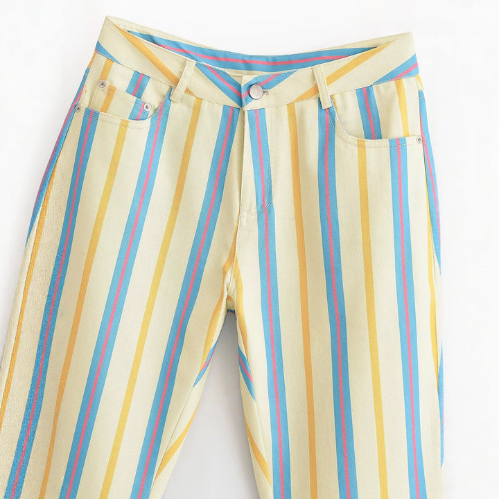 Damen Highwaist Gerade geschnittene Stoffhose mit vertikalen Streifen und Fünf-Taschen-Design Drune
