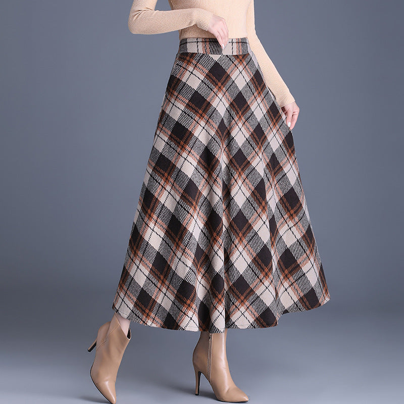 Damen nan weiter karierter Tellerrock aus Wollmix mit hoher Taille und Eingrifftaschen Drune